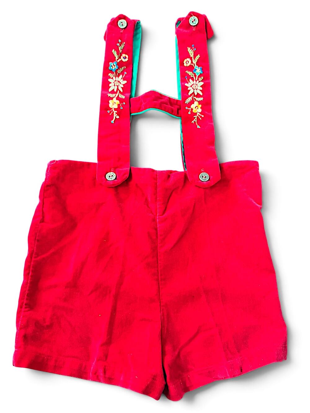 Vintage Girls Size 4 Red Velvet Floral Embroidered Suspender Romper Shortalls
